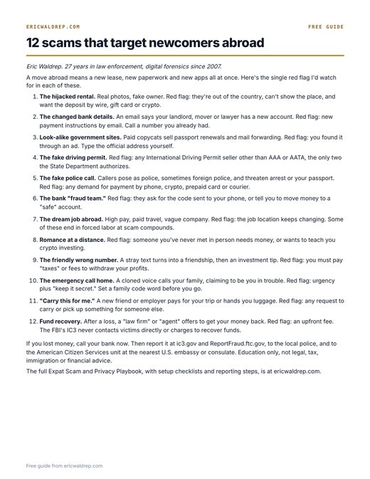 Preview of the one-page guide, 12 scams that target newcomers abroad
